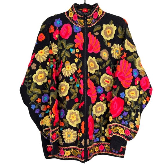 Insane VINTAGE Bonnie Boerer Large Floral Print Embroidered Zipper Cardigan - Picture 2 of 10